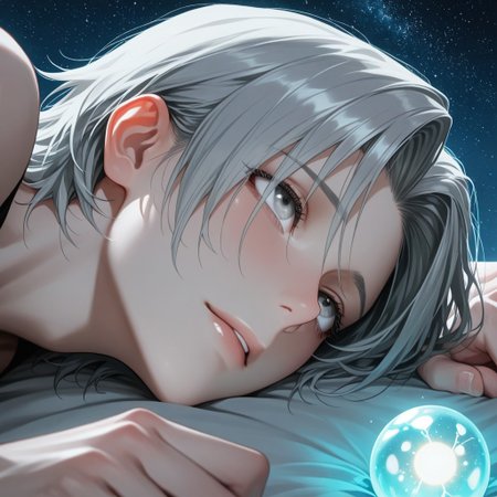 masterpiece, best quality, amazing quality, absurdres, newest, detailed background, definition so sharp, Ultra-HD, 8K cinematic, very awa, impressionate, amazing quality, highres, 
solo, male focus, manly, 
yashiroisana, 1boy, short hair, parted bangs, shiro_pretime, shiro_grey hair, shiro_grey eyes, lying down, looking up, dreamy expression, calm, starry sky, glowing orbs, playful, aesthetic, ethereal, serene, imaginative
