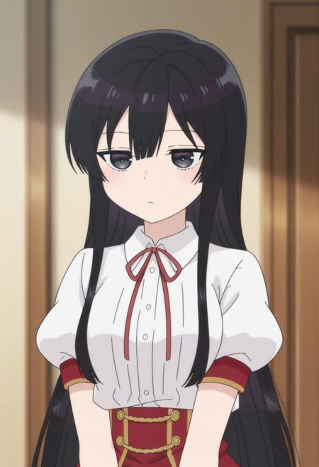 masterpiece,best quality,amazing quality, source_anime, 
YumiellaDolkness, 1girl, solo, black eyes, black hair, long hair, school uniform, shirt, white shirt, red ribbon, neck ribbon, puffy short sleeves,