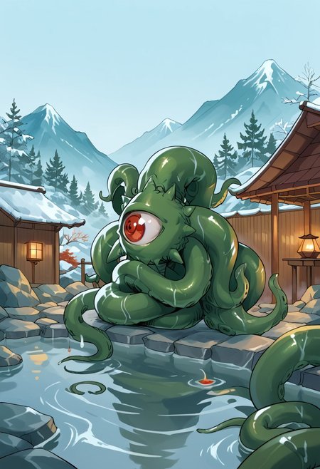 score_8, score_8_up, score_7_up, source_cartoon, no humans, solo, Shuma Gorath, cyclops, red eye, eldritch abomination, tentacles, onsen