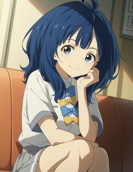 score_9, score_8_up, score_7_up, source_anime, <lora:anna-yanami-alpha-ponyxl-lora-nochekaiser:1>, anna yanami, medium hair, blue eyes, ahoge, blue hair, skirt, shirt, bow, school uniform, white shirt, short sleeves, pleated skirt, bowtie, yellow bow, grey skirt, yellow bowtie, blue bow, blue bowtie,, indoors, smile, looking at viewer, solo, sitting, head rest,, cowboy shot, dutch angle