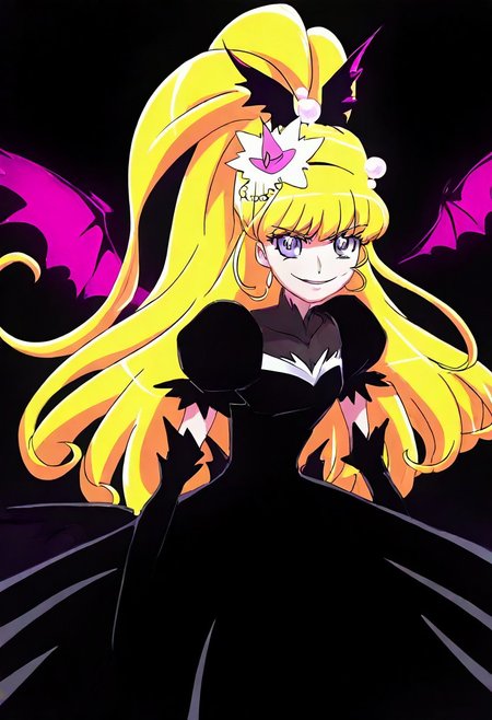 cure miracle, cure miracle \(diamond style\), crmrcldiamond, blonde hair, high ponytail, half updo, very long hair, shiny hair, hair beads around ponytail, eyebrows visible through hair, purple eyes, eyelashes, mini witch hat, 
black dress, black costume, small devil wing,
simplebackground, dark indoor, evil smile ,spot light