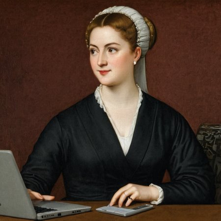 Painting of detailed realistic office lady working on laptop AH_Titian   <lora:Paintings_by_Titian_-_Venetian_Renaissance:1>
