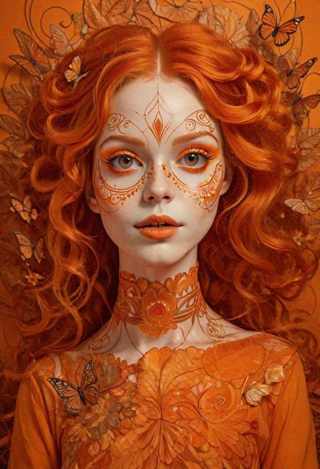 Ethereal grace and beauty of a woman in an orange theme. Line drawing on a rich orange background.
Adorned with butterflies and lines that swirl and curl with leaves.
Red hair. Pale skin. rouged cheeks. 
flat 2d style. simple artistic drawing. muted colors.