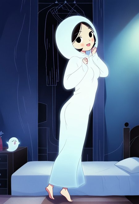 zPDXL3, source_cartoon, Perfect Hands, full body,
1girl, solo, aged down, bedroom, looking at viewer, saoirse, black hair, black eyes, blush, ghost, hood up, robe, barefoot, glowing, dancing on bed, from behind, facing at viewer, feeling cold, eyes open, smile, open mouth, sleeve past wrist, slim body, highlight cloth wrinkle, anime style, kicking, jumping,
<lora:Perfect Hands:1>  <lora:Saoirse_-_The_Song_of_the_Sea-000009:1>