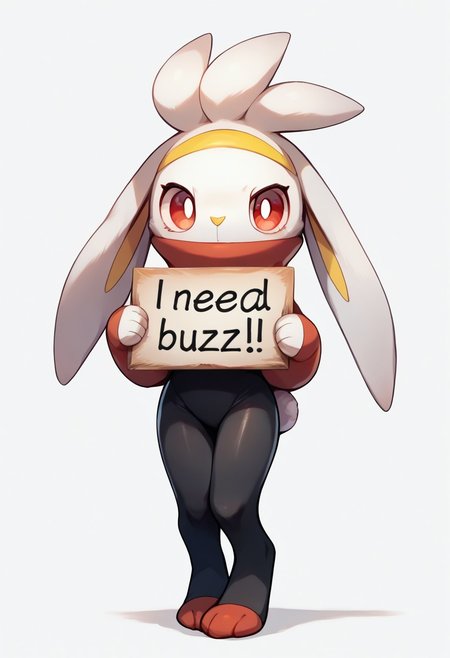 score_9, score_8_up, score_7_up, score_6_up, score_5_up, score_4_up, 1girl, full body, solo,
 <lora:Raboot_v0-3:0.8> raboot, pokemon \(creature\), white fur, droopy ears, yellow hairband, rabbit ears, rabbit tail, rabbit feet, red eyes, looking at viewer,
Shoeless, black socks, red feet, from front, covered mouth, spandex suit, red turtleneck, standing, tall girl, legs together, white background, holding sign, need buzz, cute face