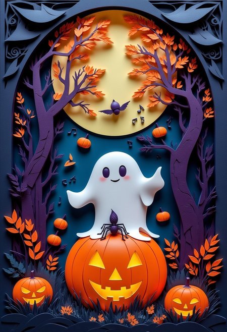 This paper quilling, layered paper piece features a cute ghost dancing around a jack-o-lantern in a moonlit forest, with a cute spider standing on the jack-o-lantern, and musical notes swirling in the air, and an elegant, serene atmosphere highlighted by the soft glow of the moon.