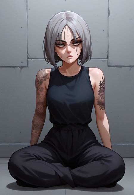 score_9, score_8_up, score_7_up, score_6_up, 1 girl, very light blue hair, almost gray hair, gray eyes, short hair, full body tattoos, t4ts, tattoos, tattoo, gangster tattoos, fit body, slim, medium breasts, sleeveless flannel, white flannel, black sports pants, on the jail, in a prison, sitting, rude face, rude, sitting thoughtful, goth girl, raven from dc, half closed eyes, black bags under her eyes, sexy pose, sweating, sweat body, expresiveH