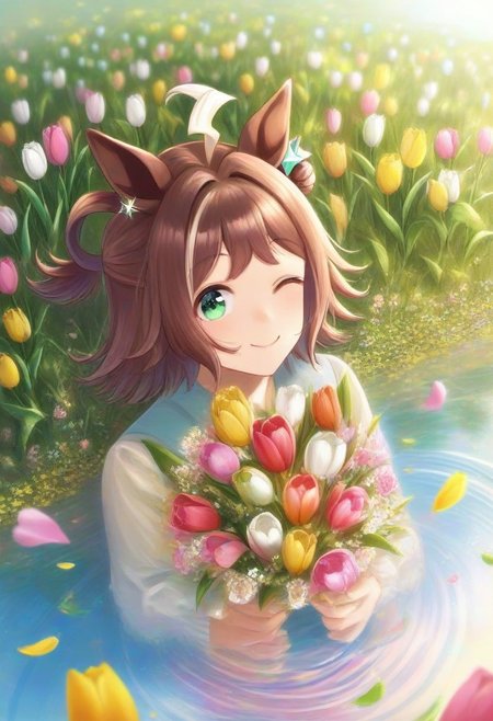 (umamusume, rhein_kraft_(umamusume), horse_ears, horse_girl, tail, 1girl, ahoge, animal_ears,)
casual, Tulip,Tulip flower, Tulip flower_field, 
head_wreath, looking_at_viewer,  solo, aesthetic, absurdres, symmetric , , g0ldsw0rthy,
(realistic, photo,  artistic, medium_hair, one_eye_closed, petals, relaxing, smile, spiralling vortex made of multicoloured tulips, lush foliage sunrise,  ripples, reflective, jaynl-tm, rainbow,green_eyes, hair_between_eyes, hair_ornament,  : 0.7)