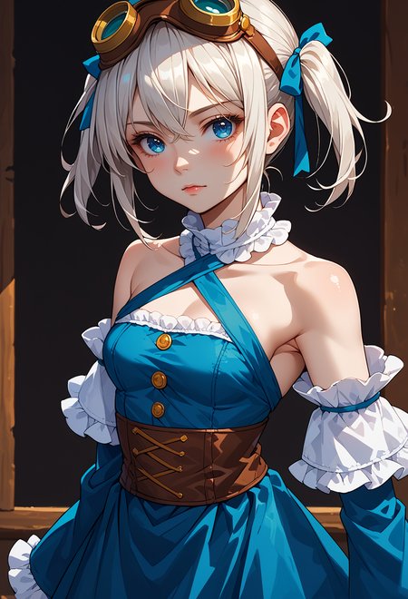 score_9, score_7_up, source_anime, BREAK solo, <lora:Pratty_XL:1> Pratty, blue eyes, short hair, white hair, short twintails, hair through headwear, goggles, brown headwear,, <lora:mxmarina:1> Hair ribbon, frilled choker, criss-cross halter, sleeveless dress, high-waist skirt, backless dress, blue dress, waist blue bow, detached sleeves, frilled sleeves, wide sleeves, blue sleeves, black pantyhose, patterned legwear, pinstripe pantyhose, mary janes,