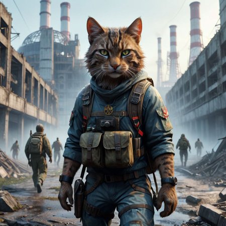 anthropomorphic stalker cat, cat in stalker clothes, backpack and weapon behind his back, located in the exclusion zone, Chernobyl, Chernobyl nuclear power plant, radiation, detailed outfit, detailed environment, realistic rendering, photorealistic, hyperdetailed. ((best quality)), ((masterpiece)), ((realistic)), ((detailed)), full-length portrait, blurred pale eyes, looking at the viewer, natural light, cinematic photo, grainy photo, noise in the photo,High dynamic range, bright, rich details, clear shadows and highlights, realistic, intense, high contrast, highly detailed,extremely detailed, depth of field, detailed fur,
Chernobyl disaster, The nuclear power plant was destroyed after the explosion , Intercontinental ballistic missile Nuclear weapon, Apocalypse,girl,  fire, minimalist short outfit, anti social , running, falling snow, cyberpunk ruined ancient city, intricate details,8k post production, cinematic color,((pose facing the camera)),film photography style, light grain<lora:skj_cinematic:0.8>