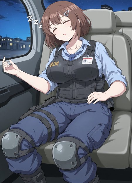 unholy-aesthetic, masterpiece, best quality, amazing quality, absurdres, 

1girl, brown hair, hair ornament, large breasts, short hair, collarbone

bm_sg, blue shirt, collared shirt, necktie, blue necktie, black vest, bulletproof vest, blue pants, knee pads, holster, boots,

Sleeping,  interior, motor vehicle, snoring, zzz, night, 