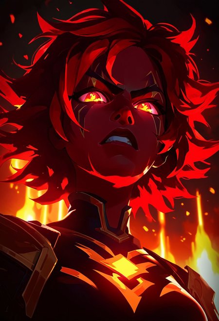 score_9, score_8_up, score_7_up, TKMND, ARKN2, volumetric lighting, portrait, face focus, cel shading, face adorned with ARKN2, NLSTN, glowing, dark, shadows, 
BREAK
1girl, short hair, red pupils, fire mage, fiery hair, messy hair, dark red hair, leotard, gold patterns on leotard, angry face, sparkling eyes, arcane energy, lava dripping down face, dripping lava, flames in background, flames accentuates features, low angle, shiny chin, upturned chin,