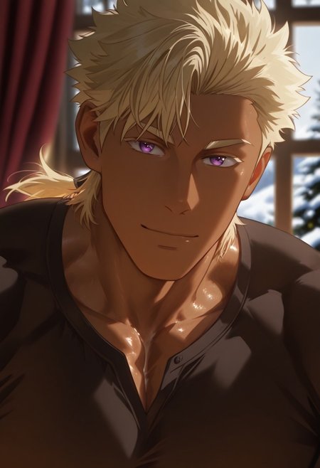 //General, masterpiece,best quality,amazing quality, source_anime, intricately detailed illustration, very aesthetic, absurdres, newest, anime coloring, subsurface scattering, , natural lighting, Expressiveh, detailed skin, shiny skin,aesthetics light, depth of field, vibrant colors,
//Fashion, black shirt, long sleeves, 
//Background, castle interior, indoors, snow background outside the window, 
//Others, 1boy, male focus, solo male, manly body, 
//Action, looking at viewer,  light smile, close up, upper body,
BREAK, 
Caious, blonde hair, purple eyes, ponytail, dark skin, muscular