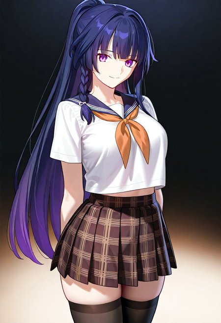 ((masterpiece, best quality, amazing quality, very aesthetic, absurdres)), 
Takeuchi takashi, ((solo)), ((better eyes)), peaceful, smile, closed mouth, 1girl, (large breasts, thin waist, wide hips), (((raiden_mei_honkai_impact_3rd))), (((black hair, purple tinted hair, purple eyes))), ((long hair, bangs, side_braid, ponytail)), (((white top, orange neckerchief, short sleeves, pleated skirt, plaid skirt, brown skirt, black stockings))), no background, dark background, sideshot, cowboy shot, dark background, portrait, looking at viewer