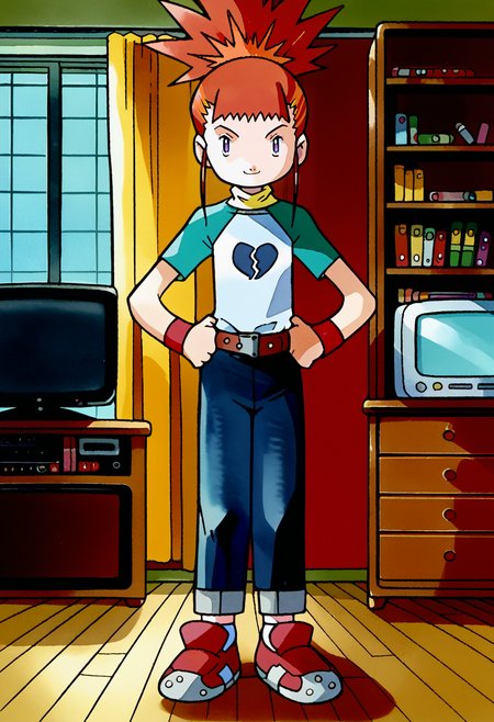 score_9, score_8_up, score_7_up, score_6_up,score_5_up, score_4_up, ken sugimori, watercolor \(medium\), 1girl, solo, RikaNonaka,  ponytail, red hair, orange hair, two-tone hair, purple eyes, turtleneck, t-shirt, raglan sleeves, red wristband, belt, blue pants, white socks, red footwear, standing, hands on own hips, bedroom, window, curtains pulled, bookshelf, television, looking at viewer, smile, <lora:PonyDiffXL_Rika_Nonaka:1>, <lora:PonyDiffXL_Style_KenSugimori:1>