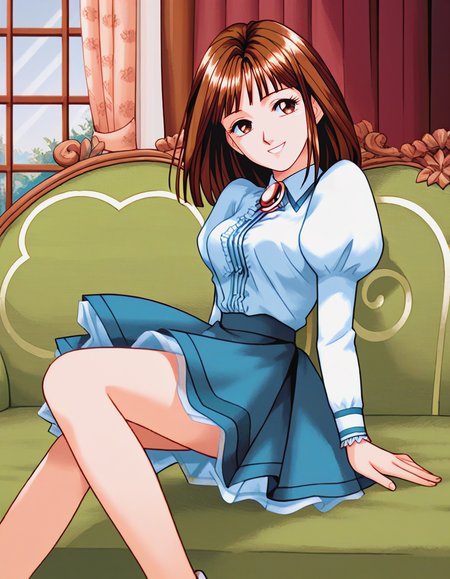 score_9, score_8_up, score_7_up, source_anime, masterpiece, high quality, 1girl,
 <lora:ShirakawaReiko_Pony_v01:1> shirakawareiko, brown hair, brown eyes, shirt, puffy sleeves, brooch, skirt, shoes, 
smile, head tilt, medium breasts, 
couch,