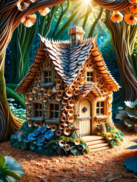 A whimsical intricate miniature ais-pencilshavings fairy cottage, at the bottom of a garden surrounded other ais-pencilshavings buildings in amongst the trees and plants, ethereal light, magical, sunny day, atmospheric, dynamic, cinematic, masterpiece, intricate, hdr.  <lora:Pencil_Shavings_Style_SDXL:1>  <lora:EnvyBetterHiresFixXL01:0:hr=1>
