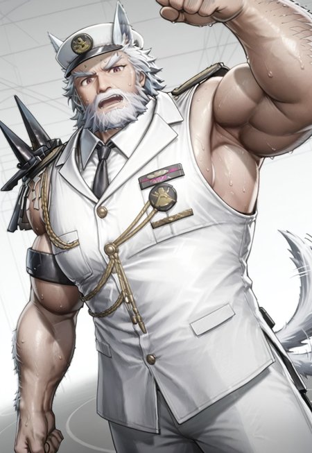 detailed face, detailed body, perfect hands, perfect anatomy, perfect eyes, masterpiece, high details, 5 fingers, best artwork, best quality, detailed background, BREAK. pnch_sls, endfieldstyle, 3D, hat, beard, facial hair, white hair, animal ears, necktie, uniform, old male, muscular, armpits, sweat, portrait, white background, looking at viewer, (dynamic pose:1.2), perspective, dutch angle, open mouth, tail wagging, low angle, arm hair,