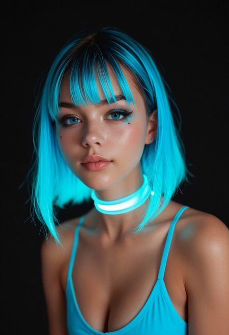 safe_pos, score_9, score_8_up, score_7_up, (realistic:1.4), (thin neck),  ((blue theme)), small boobs, cleavage, glowing glowstick choker, (young:1.5), (((boobs focus)))
1girl, blue wig, genz_haircut, (bangs:1.1), side view, (detailed face and eyes:1.2), white background, perfect cute face, blushing, ((feminine)), goth makeup, dappled light, sexy cleavage, turning to look at viewer, vibrant colours, jealous_expression, round face, (((small sagging boobs))), ((glowing, streaks)), circles, evening, black background, dark eyeliner, thick thighs,