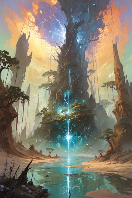 Landscape,Landscape creator,A Crack in Realityto other world,  A swamp where trees grow mirrored roots above ground petrified lightning bolts,  a pulsating white dwarf as daytime sun, Groves of lotus flowers floating in antigravity bubbles, solstices emitting gravitational sonar pulses, sand geysers erupting with crystallized soundwaves, Art painting by Peter Mohrbacher and Scott Robertson and Karol Bak, featured on Antonio J. Manzanedo,,
<lora:extremely_detailed:0.7> extremely detailed ,
<lora:add-detail-xl:0.7>,
 <lora:softdigital2x2:0.15>,
 <lora:EpicF4nta5yXL:0.3>,, Magic realism painting art style, surreal compositions, vibrant colors, blurs the line between reality and fantasy