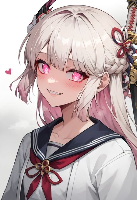 score_9, score_8_up, score_7_up, source_anime, rating_safe , 1girl, solo,long hair, white hair, pink hair, multicolored hair, braid, pink eyes,  japanese clothes, school uniform,glowing eyes,blush, evil smile, evil looking, 4k, detailed, from below, teeth, glowing eyes, yandere, upper body ,white background, half closed eyes, seductive look, naughy face, hearts, steam, vapor, katana on back, sword on back, cute, young, ((blush)), wide open eyes