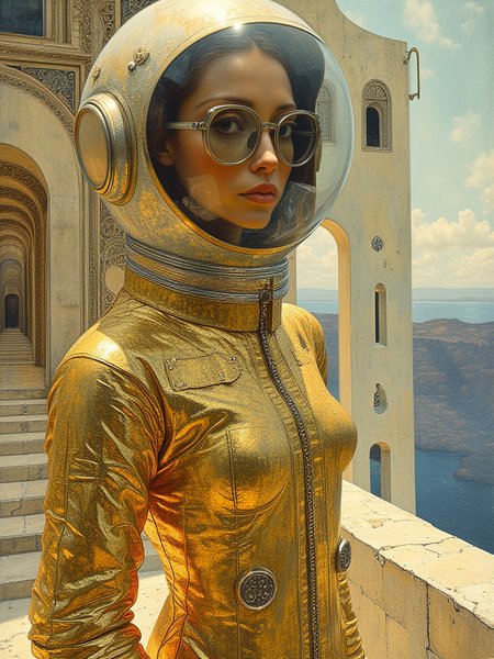 style of Jan Toorop，

Photography on Santorini planet, 60's gorgeous astronaut woman in a glittery transparent gold astronaut spacesuit wearing a large transparent plexiglass helmet and glasses, 80-degree view, art by Sergio Lopez, Natalie Shau, James Jean, and Salvador Dali.