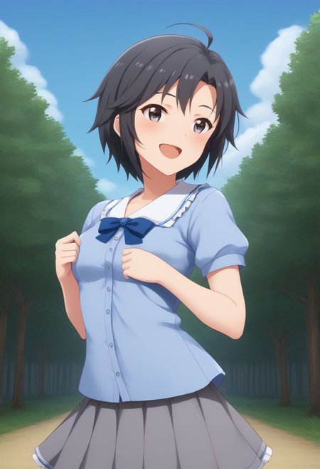 1girl, solo, kikuchi makoto, 
1girl, black hair, blue sky, blush, clothes lift, cloud, day, frills, grey eyes, mixed media, open mouth, shirt, short hair, short sleeves, skirt, skirt lift, sky, smile, solo, tree
masterpiece, best quality, very aesthetic, absurdres,