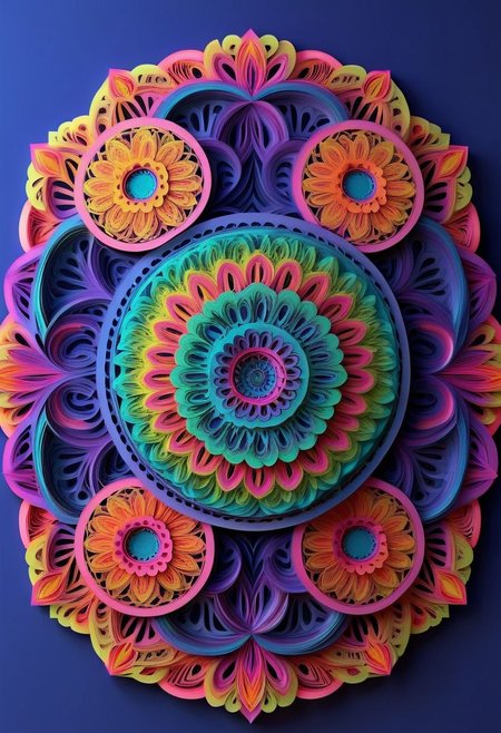 Mandala style , 3d mandala pattern, Paris theme , paper work art, shadows, neon colored, highly stylized pattern