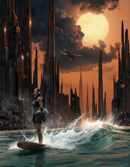 Art by Col Price & Alexey Egorov.
A digital illustration taken from the side on a futuristic cityscape with tall skyscrapers and a river. The image also shows a young woman with fair skin and long brown hair, standing on a surfboard in the middle of the river. She is wearing a futuristic outfit. The woman appears to be in her twenties, with a slim body. She has brown hair styled in loose waves and is wearing headphones. The background features tall futuristic buildings with a warm orange glow, against a dark and stormy sky with a large sun shining in the upper right corner. The cityscape is filled with tall and pointy structures, and on the river there are breaking waves on which the young woman is surfing. The surface of the water reflects the warm colors of the sky.