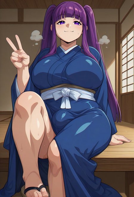 score_9, score_8_up, score_7_up, score_6_up, source_anime, cartoon, BREAK, ultra hd quality details, masterpiece, abs, ambush, futa only, futanari, chubby, chubby thighs, smug, solo, steam, steaming body, sweat, oiled skin, thick thighs, veins veiny, peace sign, pectorals, big boobs, (dojo, indoors)), big hips, big breasts, muscular, plump, voluptuous, venus body, bulge, bulge, covered breasts, FERNCYQL, 1girl, solo, purple hair, blunt bangs, straight hair, sidelocks, purple eyes, long hair, kimono, sitting, japanese clothes, sash, smile, obi,  windchime, veryahoge, blue kimono, sandals, widesleeves, longsleeves, twintails, lowtwintails, flower