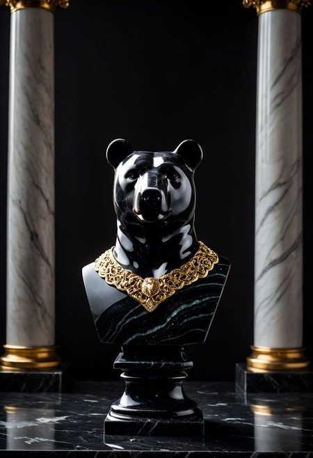 Fujifilm XT3, Sony A7 IV, (award winning photography) a (black: 0.79) marble simple (stylized: 1.49) (anthropomorphic bear) bust statue made of opal (Kintsugi: 0.89) set on a pedestal in temple, glistening. in the background beautiful pillars, divine (iridescent: 0.79), opalescent textures, volumetric light, ethereal, sparkling, studio photo, highly detailed, sharp focus (highest quality: 1.39) (highest coherency: 1.39) (award winning photography), highly detailed photography, (muted colors, cinematic, dim colors, soothing tones:1.2), vibrant, insanely detailed, hyperdetailed, (dark shot:1.2), (vsco:0.3), (intricate details:0.9), (hdr, hyperdetailed:1.2) (vignette), sss, raw photo, fijifilm, kodak, cinematic film grain, mesopotamian, babylonian