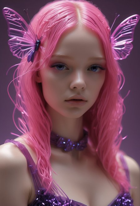(Theme: Draconic Crystals). masterpiece, newest,absurdres,incredibly absurdres, 1girl, CivChan, solo, bug, butterfly, purple eyes, pink hair, maid uniform, looking at viewer, long hair, purple theme, eyelashes, flower, snowflakes look like crystals, dark_theme,abstract background, 
depth of field, (butterflies made of tiny neon glass filaments)