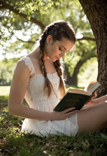 sdxl_simonejoruk, reading a fairy tale book under a tree, flowing white skirt and braided hair, sunlight filtering through the leaves, dreamy and innocent ambiance, shallow depth of field