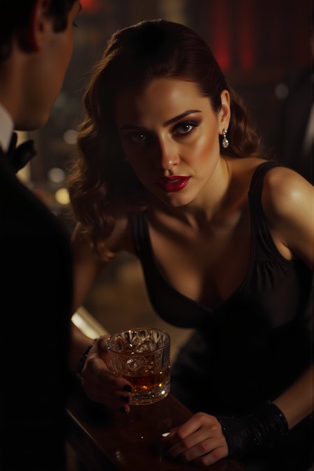 A hyper-realistic close-up of a femme fatale, her lips painted a deep crimson, as she leans across a dimly lit bar. Her gaze is intense, with dark, smokey eyeshadow framing her sharp, seductive eyes. The background is a smoky jazz club, with soft shadows of musicians playing in the distance, creating a moody, sultry atmosphere. Her black silk dress clings to her form, with subtle reflections from the low, warm lighting highlighting the fabric's texture. A single diamond earring glints in the dim light, adding to her air of mystery. Her hand delicately holds a glass of whiskey, ice clinking softly as she swirls it. The scene captures an intimate moment, heavy with tension and intrigue, as she speaks in hushed tones to an unseen figure.<lora:aidmaMJ6.1-FLUX-V0.1:0.6><lora:Movie_Portrait><lora:Flux DetailerV2>
