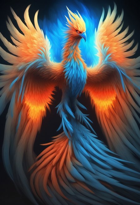 Haunting Print of a Ghostly Phoenix, Abstract Satin Style, Gradients of Fiery Red, Phantom White, and Deep Charcoal, Feathers Glowing in Neon Blue Flames, Sharp Beak Illuminated with Orange Glows, Glossy Finish, Capturing a Resurrected and Mystical Halloween Essence