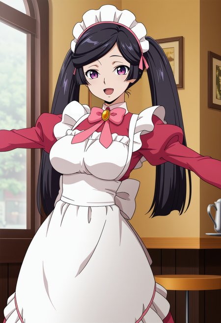 1girl,solo,mm,mature female,black hair,purple eyes,long hair,breasts,anime coloring,
twintails,maid,maid headdress,outstretched arms,spread arms, smile,open mouth, cafe, looking at viewer, cowboy shot, 
,masterpiece,best quality,amazing quality,<lora:Sakuya_Sumeragi-Code_Geass-Dakkan_no_Rozé_IL:0.8>