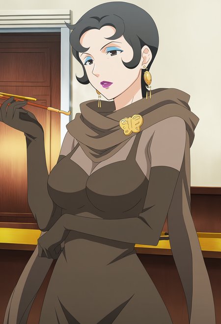 anime screencap,anime coloring,detailed face,masterpiece,best quality,very aesthetic,absurdres,volumetric lighting,official style,amazing quality,ultra detailed,highres,amazing quality,scenery,beautiful detailed hair,beautiful detailed eyes,<lora:Himegami Sakura-IL V1:1>,
Himegami Sakura,1girl,solo,makeup,gloves,earrings,lipstick,jewelry,elbow gloves,smoking pipe,dress,scarf,black hair,breasts,
