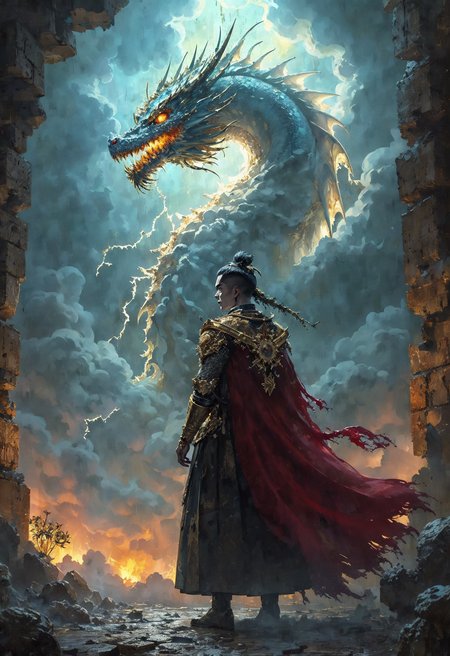(masterpiece, sharp focus:1.2), BREAK (A dragon warrior made of swirling storm clouds and lightning, their eyes burning with electrical fury, depicted in a style with dramatic lighting, stormy tones, fluid chaotic forms:1.1), BREAK (A vivid gold-painted icon of a saint on an intact section of a wall, illuminated by the faint flickering of spectral lights, set against the backdrop of a crumbling cathedral:1.4), (art by Otomo Katsuhiro:1.4), (elaborately detailed attire with extraordinary elements and headdress:1.1), (hyperdetailed:1.1), (intricate details:1.0), (Refined details:1.1), (best quality:1.1), (high resolution:1.2), (very stylish detailed medieval haircut, mesmerizing detailed radiant face, mesmerizing detailed beautiful eyes:1.2)