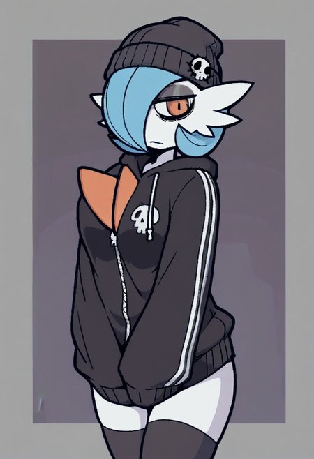 Masterpiece, best quality, aesthetic, high resolution, 1girl, anthro, solo, female, femboy, girly, Mega Gardevoir, emo, dark eyeshadow, orange eyes, blue hair, dark eye circles, black hoodie, bottomless, beanie, thighhighs, Vanripper