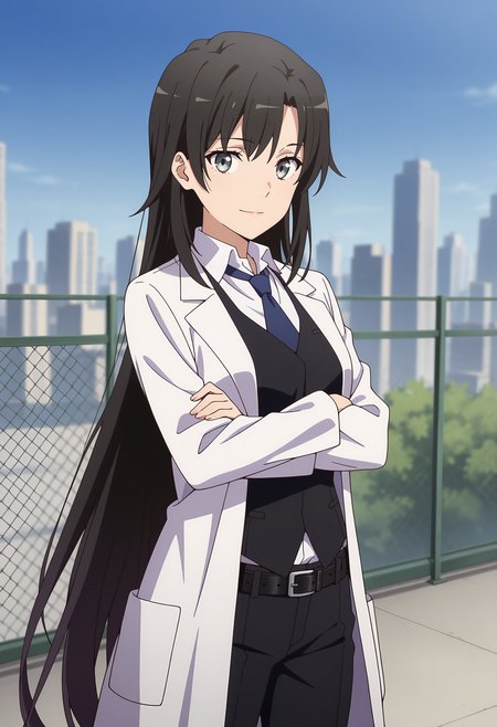 anime screencap, masterpiece, best quality,
<lora:YahariOreNoSeishunLoveComedy_HiratsukaShizuka_IlluXL:0.9>,
1girl, solo, closed mouth, light smile,
long hair, black hair, grey eyes,
open coat, lab coat, black vest, white shirt, wing collar, blue necktie, long sleeves, black belt, black pants,
crossed arms, cowboy shot, standing, looking at viewer,
rooftop, chain-link fence, cityscape, outdoors, blurry background