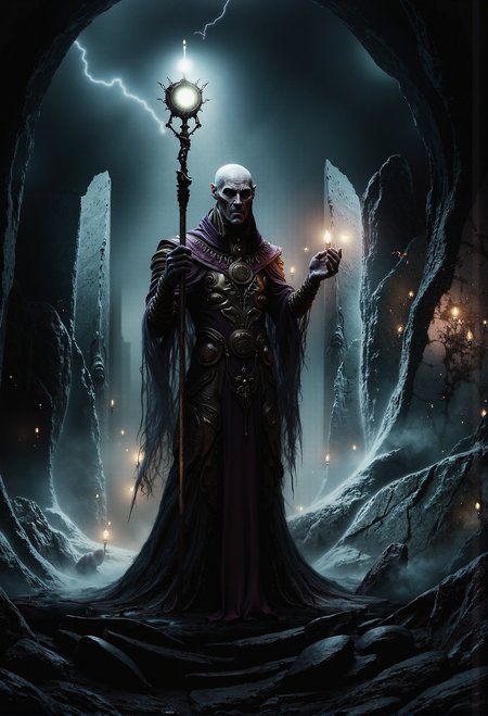 analog film photo (art by Zdzislaw Beksinski:2). Create a powerful fantasy scene featuring an ancient sorcerer. The sorcerer, draped in long, flowing robes adorned with arcane symbols, stands atop a stone platform in the middle of a mystical ruin. They hold a staff topped with a glowing crystal, casting a powerful spell that creates swirling magical energy around them. The ruins are surrounded by a dark, enchanted forest, with glimpses of strange creatures in the shadows. The sky is dark and stormy, with flashes of lightning illuminating the scene. The composition should exude a sense of ancient power and mystical intensity.  <lora:- Flux1 - vanta_black_V1.0.safetensors:0.6>,  <lora:dark_fantasy_flux.safetensors:0.5>,  <lora:aiai-Glimra-Flux-Dev-v2.safetensors:0.5>, aiai-Glimra <lora:ARTifacts.safetensors:0.75>, <lora:Movie_Portrait.safetensors:0.75>, <lora:Warhammer_Rogue_Trader_Style_flux-000021.safetensors:0.5>, grimdark <lora:Sinfully_Stylish_.02_for_FLUX-000002.safetensors:1.0>,  <lora:- Flux1 - soothing_atmo_V1.0.safetensors:0.5>,  <lora:m100-style_v.02.safetensors:0.5>,  . faded film, desaturated, 35mm photo, grainy, vignette, vintage, Kodachrome, Lomography, stained, highly detailed, found footage