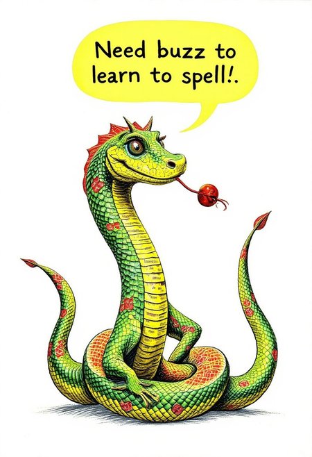 A cute, lively, rebellious literary snake filled with text and a speech bubble with the words “Need buzz to learn to spell"