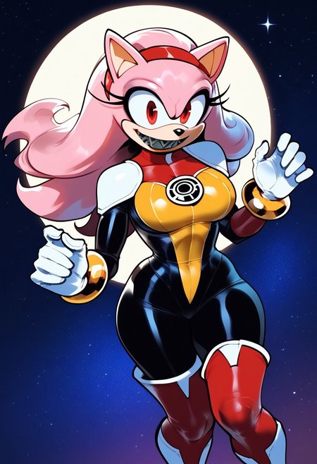score_9, score_8_up, score_7_up , masterpiece, beautiful,1 girl, solo. big breast, wide hips, sonic the hedgehog,
Possesed_AmyEXE, 1girl,long hair, smile, gloves, animal ears, pink hair, sidelocks, hairband, boots, teeth, shiny, white gloves, sharp teeth,furry, large eyes, furry female, red hairband, body fur, animal nose, two-tone fur, pink fur, wild Red eyes, 
, SinestronCOS,thighhighs,violet gloves,skin tight,bodysuit,superhero,black bodysuit,yellow bodysuit,sinestrocorps symbol on chest, , knee boots, white boots,sinestrocorps symbols on chest, anime art style, starry background, outerspace,