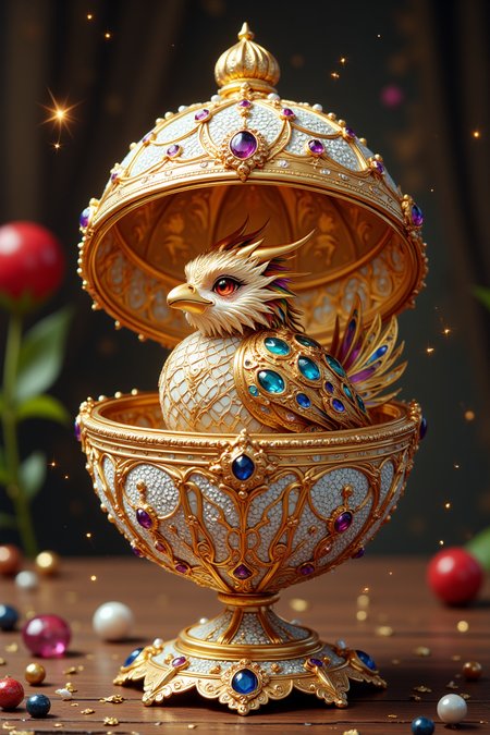 A rare, intricate Fabergé egg made of gleaming gold and encrusted with tiny diamonds and sapphires. The egg opens to reveal a miniature clockwork bird with meticulously detailed feathers and glowing ruby eyes. The egg’s surface is patterned with fine engravings, and every gemstone sparkles in perfect clarity under soft light.,DragonToonFlux