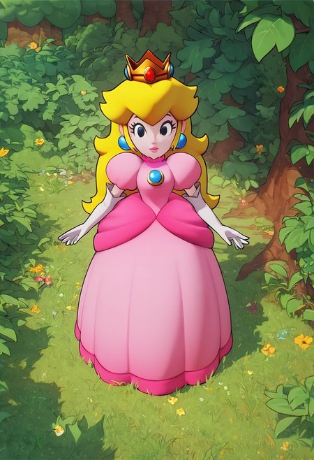 1girl, princess peach in front of a bunch of trees, blonde hair, solo, gloves, elbow gloves, white gloves, pink dress, score_9,  score_8_up, score_7_up, score_6_up, 
<lora:PrincessPeach_MLBstyle2:1>