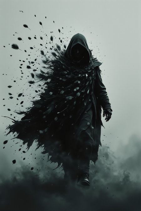 Dark, mysterious figure shrouded in a cloak of black feathers.  Silhouette of a person wearing a hooded garment, dense with scattered, flowing black feathers.  Full-length figure, walking;  motion captured in a  still image.  A minimalist, moody, and atmospheric composition.  Muted light, predominantly gray-green backdrop.  Dramatic contrast between the dark figure and pale background.  Feathers are highly detailed, creating a sense of volume and movement.  The cloak's shape suggests a flowing, voluminous garment.  Neutral perspective, from a slightly lower viewpoint.  Composition is centered, with the figure's movement creating a sense of dynamism despite the stillness of the image.  Minimalist aesthetic, emphasizing the somber mood and mysterious nature of the figure.   Dark, rich shades of black and gray-green palette.  A high-key aesthetic with a subtle soft-focus or depth-of-field effect on the feathers.  Atmospheric, gothic, and ethereal mood.,darkness,darkness element,dark element