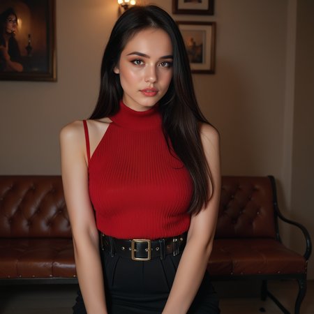score_9, score_8_up, score_7_up, score_6_up,
<lora:gigi_nobody_pxl:0.8> , gigi, long hair, black hair, brown eyes, slim waist, medium breast, 
solo focus, dark makeup, ^ ^ , gorgeous, alluring, seductive, bronze skin, dramatic lighting,  parted lips, siting on bench,  
 <lora:0892 Home wear_v1_pony:1> , ruanyi0892, belt, black pantyhose, high-waist skirt, sleeveless sweater, red sweater, 
photo, detailed, sharp focus, 85 mm,  dark room, outdoor, sunburst, backrooms,