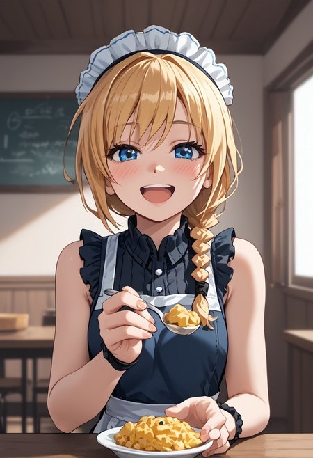 score_4,score_5,score_6,score_7_up,score_8_up,score_9 ((masterpiece,best quality,ultra detailed,highres,HD,4k:1.2)), 
1girl, solo,solo focus,girl focus,face focus,
blonde hair,long hair,braided ponytail,spiked hair,single braids,blue eyes,
((Apron, sleeveless, exposed arms, exposed shoulders, frilly aprons:1.1)), upper body, pov,feeding,looking at viewer,feeding, food,incoming food, holding spoon, 
looking at viewer,blush,shy,smile,open mouth,