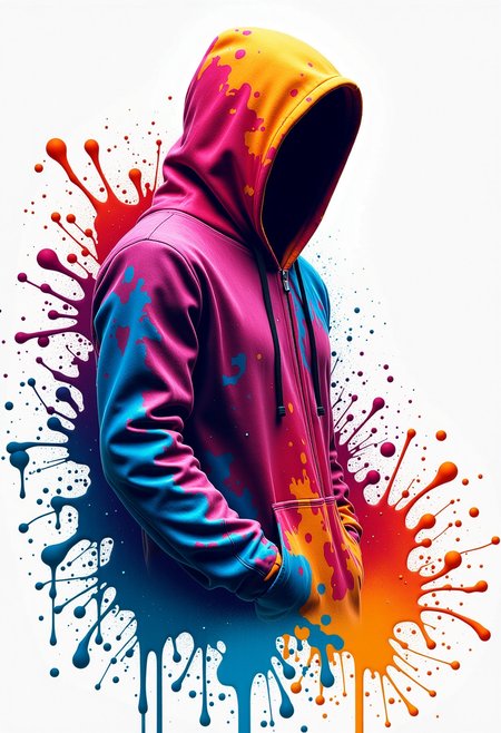 score_9, score_8_up, score_7_up, <lora:Ink_Splats:1>, ink splats, reaper wearing rainbow hoodie, river, color