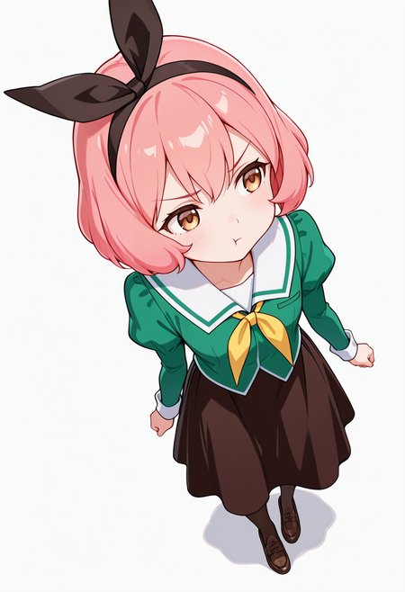 masterpiece,high quality details,absurdres, 
 <lora:Koshiba_Mai:0.8>
mar_cnr, 1girl, pink hair, short hair, bangs, brown eyes,black hairband,
mar_s1,green shirt, white sailor collar, serafuku,long skirt,black-brown skirt, juliet sleeves,pantyhose, loafers,, simple background, white background, from above,solo,, :t,